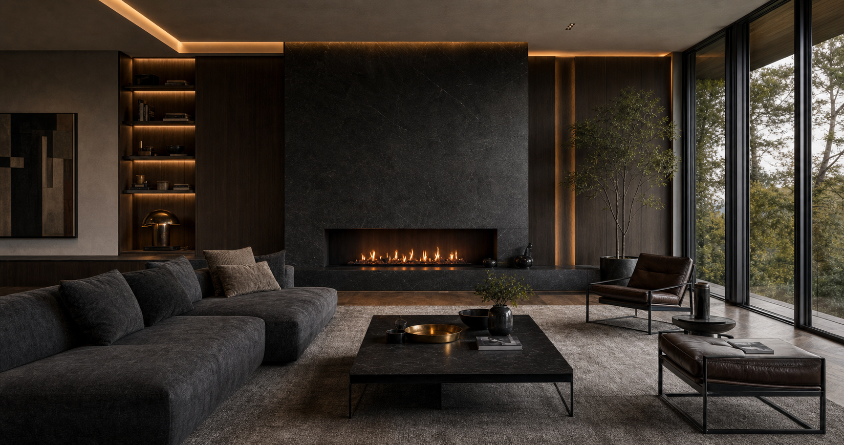 Luxurioeses Wohnzimmer mit dunklem Stein und warmem Licht